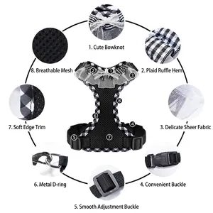 Elegant Hepburn style plaid pet harness with decorative lace bow and breathable mesh