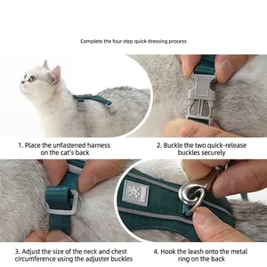 4-step quick dressing guide for reflective quick-dry cat harness and leash set