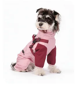 Detailed view of waterproof four-legged dog raincoat with integrated harness