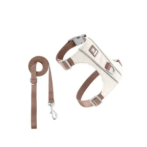 Reflective quick-drying cat harness and leash set in beige and brown for outdoor walking
