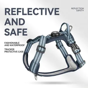 Reflective dog harness with built-in waterproof tracker case for enhanced safety and comfort