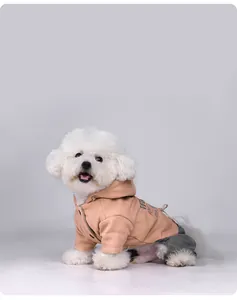 Adorable chiot Bichon Frisé portant une combinaison d'hiver à capuche en polaire camel