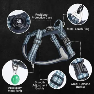 Reflective dog harness with integrated tracker holder, adjustable buckles and metal leash rings