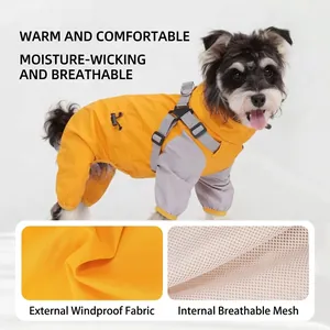 Yellow waterproof dog windbreaker suit with breathable mesh lining details