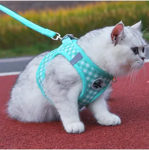 Side view of a cat wearing a mint green plaid escape-proof harness on an outdoor track