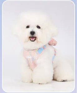 Detailed view of a pink and blue bubble yarn pet harness with a mini backpack for small dogs