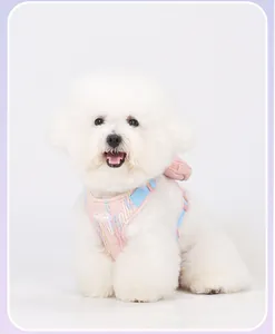 Detailed view of pink seersucker dog harness with a cute mini backpack for pets