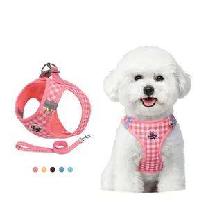Escape Proof Plaid Pet Harness and Leash Set Polyester Breathable Mesh Reflective Vest for Small Dogs and Cats Walking