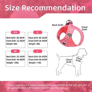 Pink plaid dog harness size chart with neck and chest dimensions for XS to L sizes.