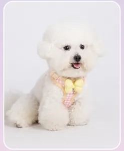 Close-up of a white dog wearing a pink checkered pet harness with a yellow bow detail.