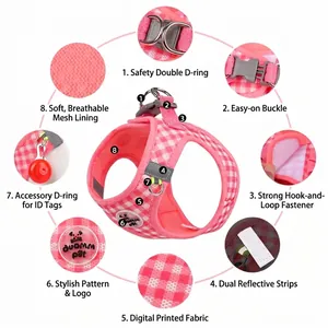 Pink plaid escape-proof pet harness with reflective strips and breathable mesh lining