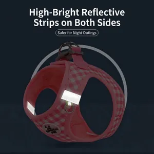 Reflective pink plaid dog and cat harness with escape-proof design for safe night walks