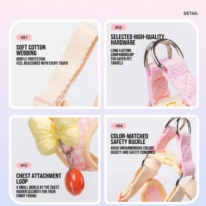Pink plaid pet harness with yellow bowknot and high-quality hardware detail.