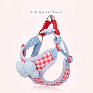 Korean Style Plaid Pet Harness And Leash Bowknot Decoration Breathable Mesh Dog Harness Adjustable Vest For Small Dogs Outdoor Walking