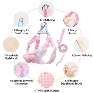 Adjustable plaid dog harness and leash set with cute bow and breathable mesh padding