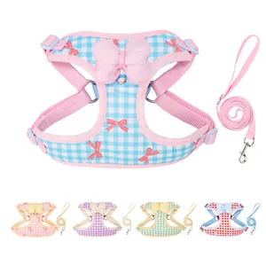 Checkered dog harness and leash set with a cute pink bowknot in multiple colors