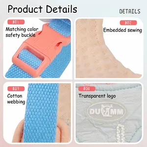 Detailed close-up views of seersucker dog harness backpack featuring safety buckle and stitching