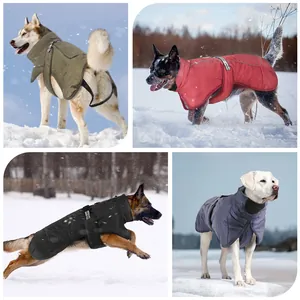 Quatre styles de vestes d'hiver imperméables et réfléchissantes pour grands chiens sous la neige