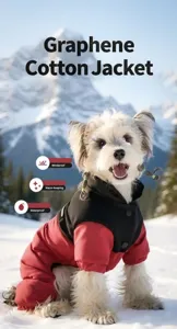 Cappotto invernale in grafene impermeabile per cani in un ambiente di montagna innevata.