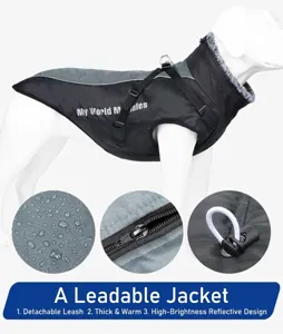 Detail views of waterproof dog winter jacket with removable harness strap and warm lining.