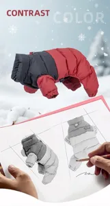 Schizzo di design e prodotto finale di una tuta invernale imbottita per cani rossa e blu.