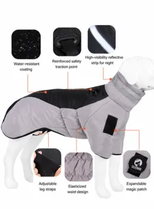 Detail view of reflective waterproof winter dog coat with leash ring and elastic design
