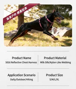 Detailed specs of a pink reflective dog harness shown on a running Doberman outdoors.