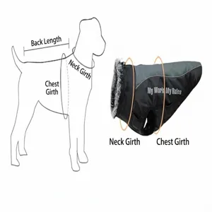 Detailed measurement guide for waterproof reflective winter dog jacket showing size areas.