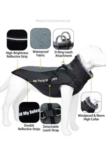 Waterproof winter dog jacket featuring reflective strips and leash attachment points