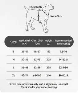 Size guide for reflective large dog harness with neck and chest measurements in CM