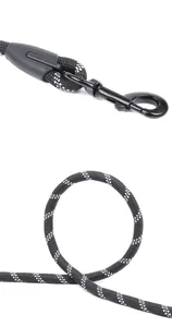 Close-up of durable black reflective dog leash rope and heavy-duty metal hook
