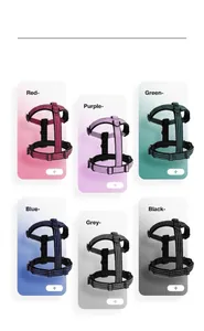 Reflective multi-color dog harness set showing six different variants for outdoor walking