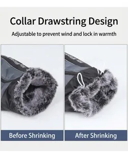 Detail of dog jacket adjustable drawstring neck with warm faux fur lining