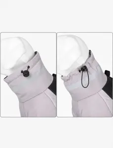 Detail of dog winter coat featuring an adjustable neck drawstring for wind protection.