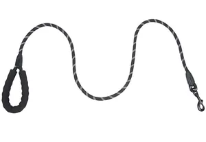 Detailed view of black reflective dog leash with comfortable foam handle