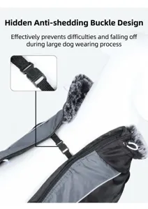 Close-up detail of the hidden anti-falling buckle design on the dog winter jacket