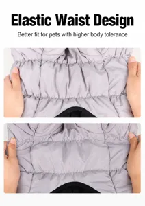 Close-up detail of the elastic abdominal band on a gray waterproof dog winter jacket