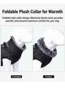 Detail of dog winter jacket showing the foldable plush collar for wind protection.