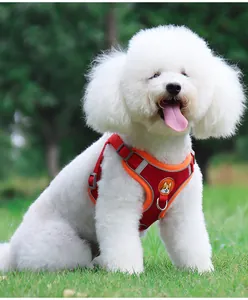 Red and orange reflective dog harness vest shown on a white poodle in a park setting