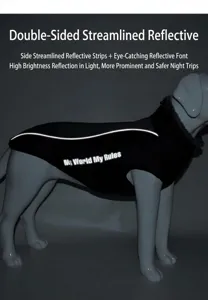 Detailed view of the reflective streamline strip and lettering on a black winter dog jacket