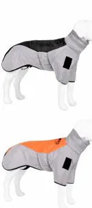 Detail view showing reflective winter dog jackets in grey-black and grey-orange options