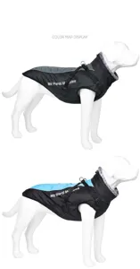 Detailed display of waterproof winter dog jackets with reflective straps and fur lining