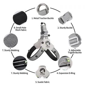 Reflective breathable saddle style dog harness featuring adjustable metal buckles and mesh