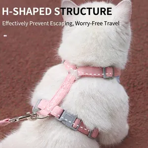 High-quality pink H-shaped breathable pet harness and leash set for small dogs and cats