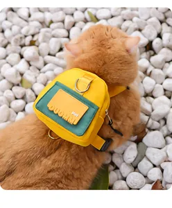 Detailed view of yellow and green cat backpack harness worn by a ginger cat outdoors