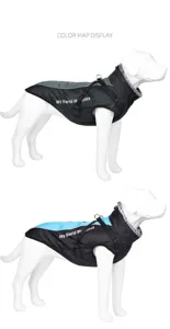 Detail showing blue and gray color variants of the waterproof winter dog jacket.