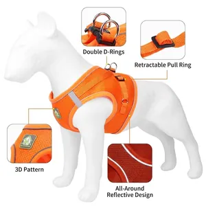 Professioneel reflecterend ademend hondenharnas in oranje mesh met dubbele D-ringen set