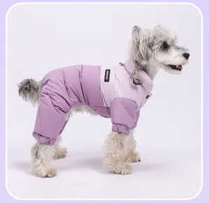 Vue de côté d'un petit chien portant une combinaison d'hiver violette imperméable