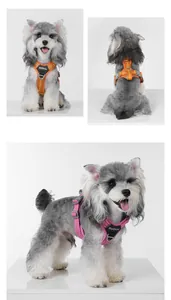 Multi-angle views of an adjustable reflective anti-pull dog harness in pink and orange