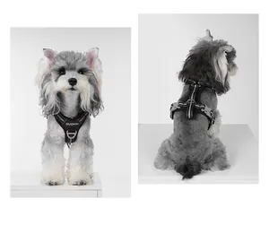 Detail view of the reflective black pet harness shown on a dog from front and back